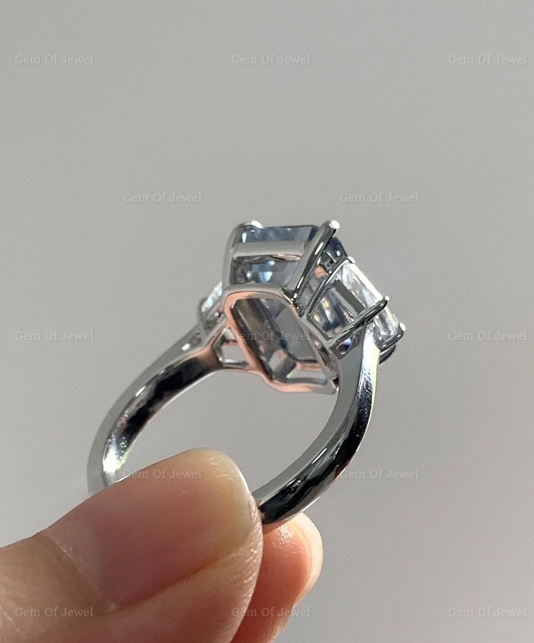 Grey Emerald Moissanite Diamond With Side Trapezoid Three Stone Moissanite Engagement Ring, Gray Moissanite Diamond Ring, Grey 3 Stone Ring