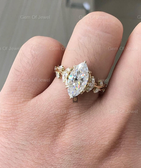Marquise Moissanite Diamond Ring, Floral Leaf Ring With Side Marquise Moissanite Diamond Unique Fancy Ring For Her, Marquise Diamond Ring