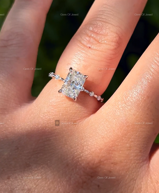 Radiant Moissanite Diamond Ring With Spaced Round Moissanite Diamond Band Solid Gold Ring, Radiant Moissanite Diamond Ring Gift For Her