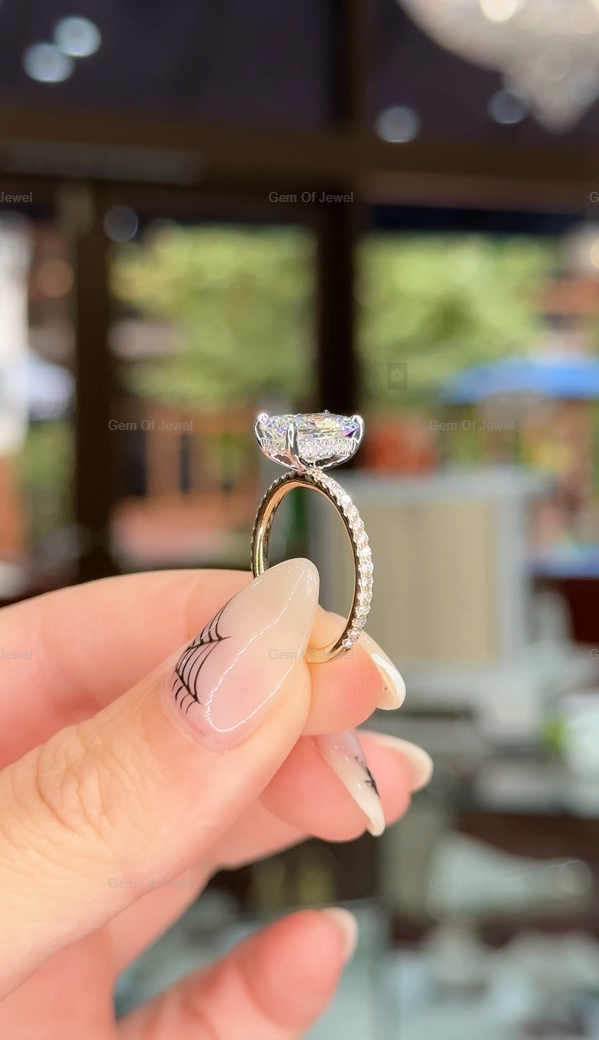 Two Tone Gold Radiant Cut Diamond Ring With Halo Of Round Moissanite Diamond And Pave Diamonds, Solid Gold Ring, Radiant Cut Diamond Ring
