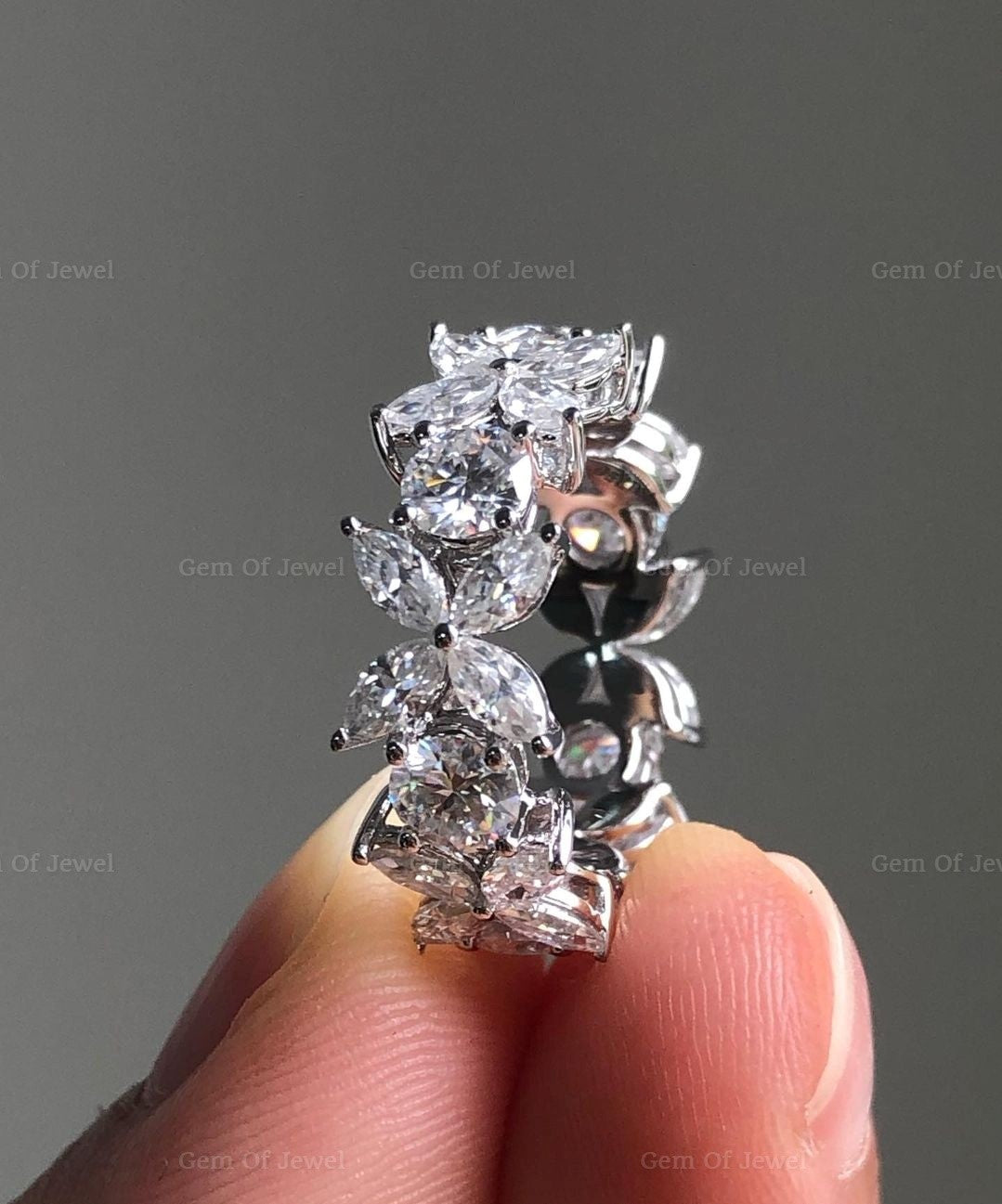 Marquise Moissanite Diamond Ring With Round Moissanite Flower Shape Diamond Ring, Marquise Diamond Ring, Flower Shape Marquise Diamond Ring