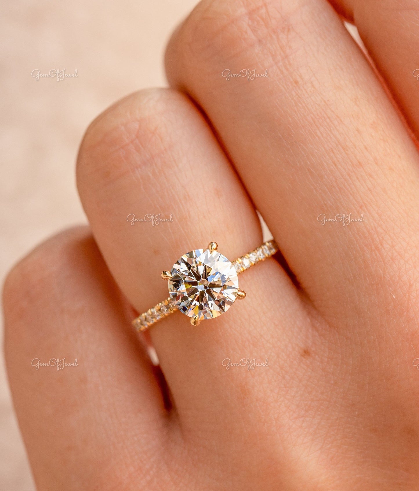 2CT Round Moissanite Diamond Ring, Round Moissanite Engagement Ring With Hidden Halo And Pave Half Eternity Band, Round Cut Diamond Ring