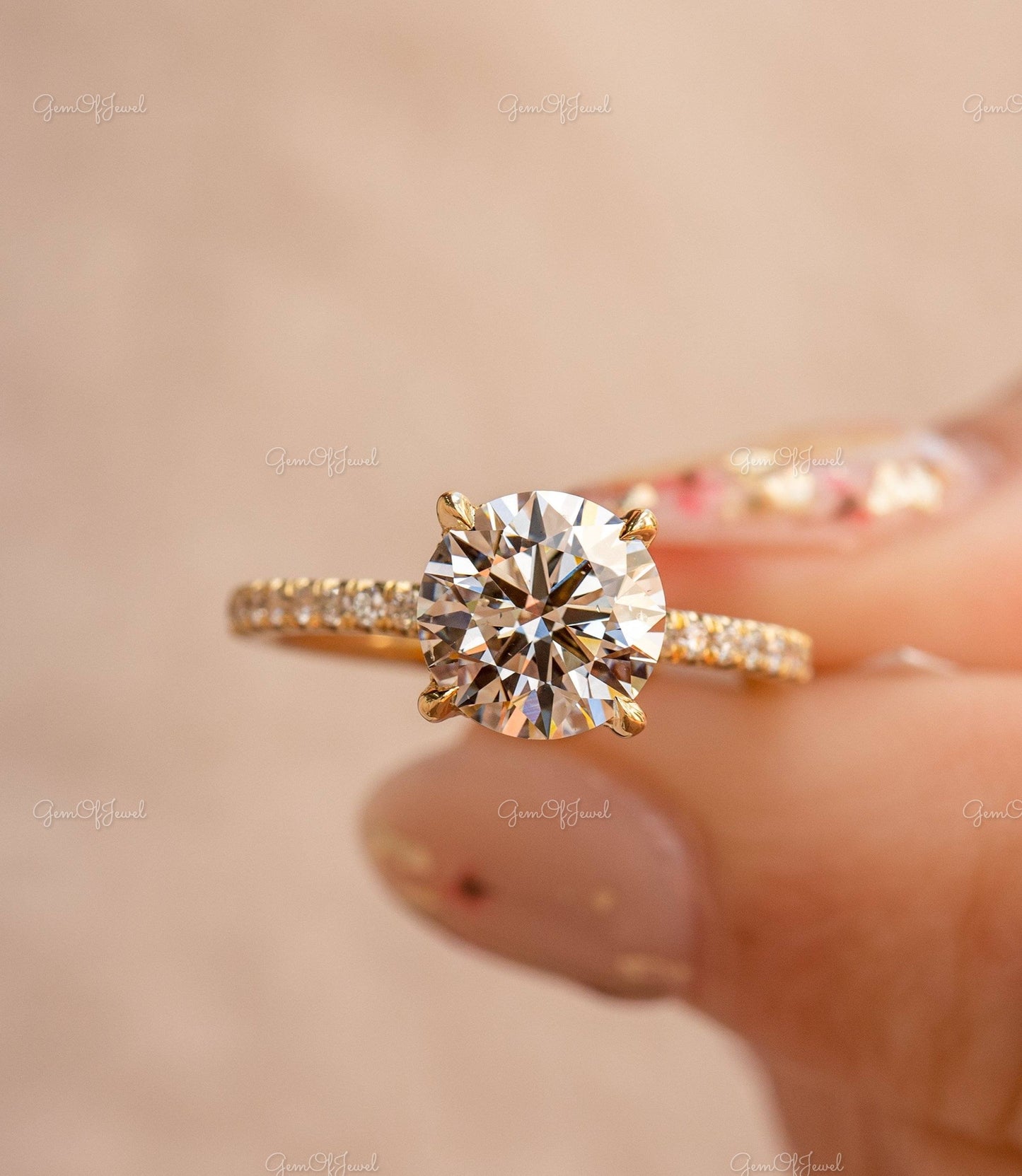 2CT Round Moissanite Diamond Ring, Round Moissanite Engagement Ring With Hidden Halo And Pave Half Eternity Band, Round Cut Diamond Ring