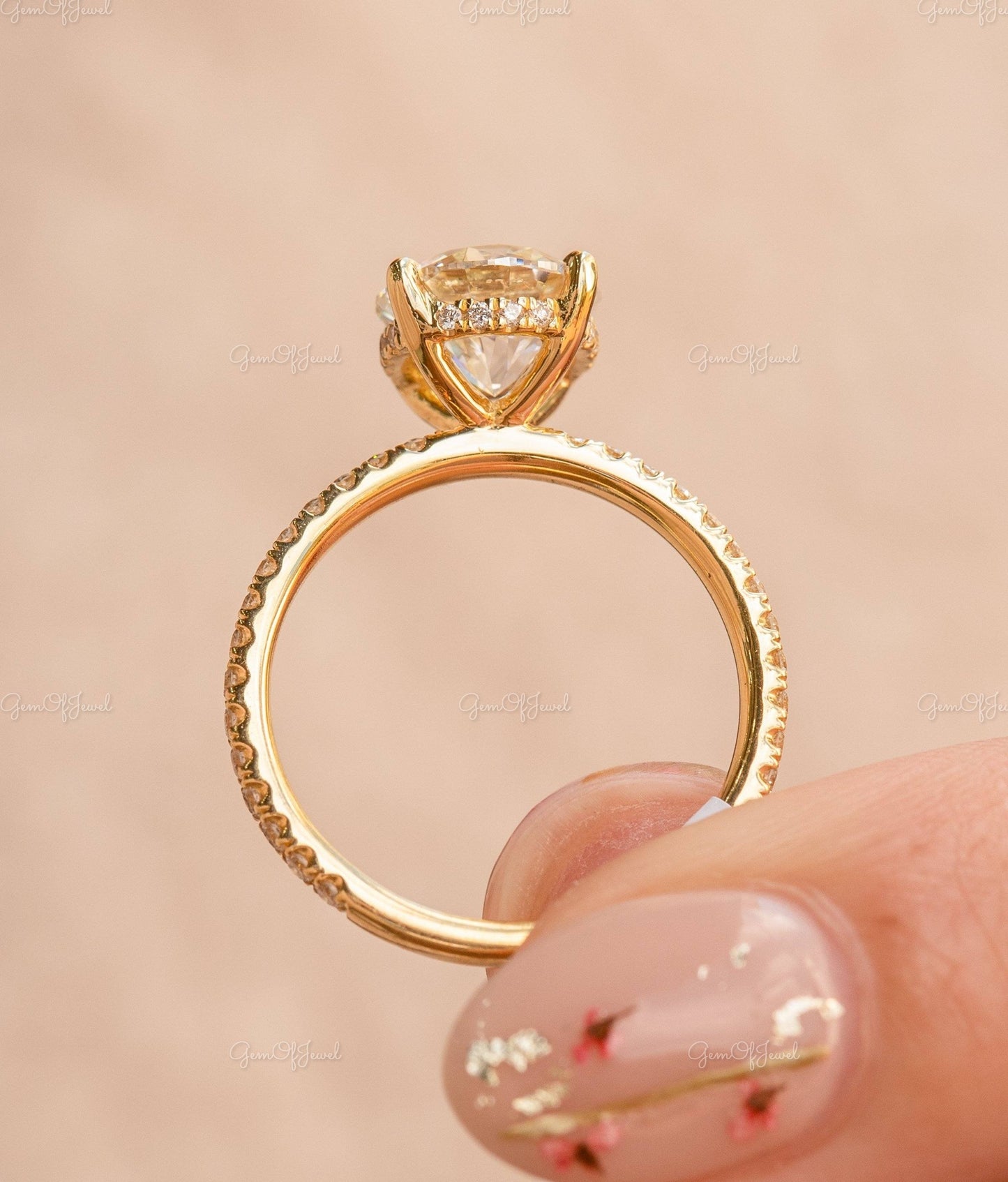 2CT Round Moissanite Diamond Ring, Round Moissanite Engagement Ring With Hidden Halo And Pave Half Eternity Band, Round Cut Diamond Ring