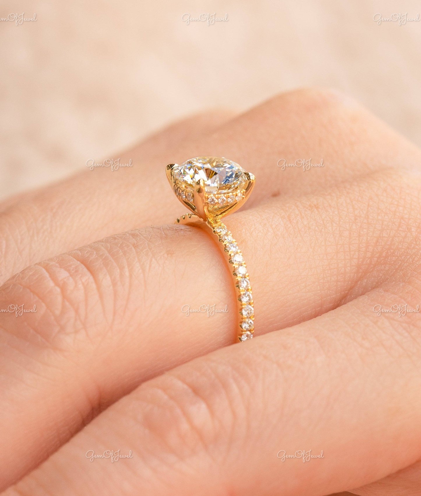 2CT Round Moissanite Diamond Ring, Round Moissanite Engagement Ring With Hidden Halo And Pave Half Eternity Band, Round Cut Diamond Ring