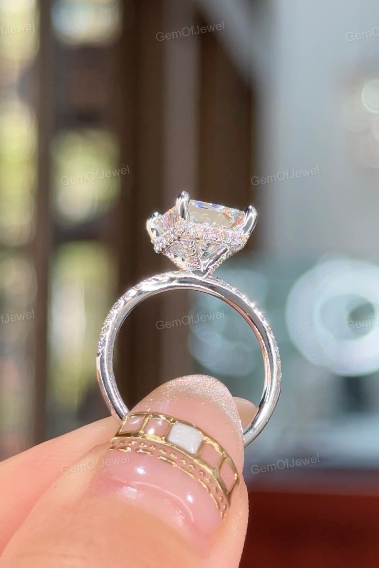 Princess Moissanite 3CT Diamond Ring With Hidden Halo And Pave Eternity Band Ring, Princess Diamond Ring, Princess Moissanite Diamond Ring