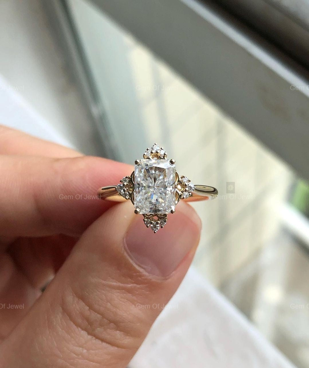 Radiant Cut Moissanite Diamond Ring With Unique Setting, Radiant Moissanite Diamond Ring With Round Moissanite Diamond Engagement Ring
