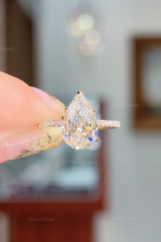 3 CT Pear Shape Moissanite Engagement Ring, Pear Cut Hidden Halo Ring With Diamonds On Bridge, 14K Gold Pave Setting Pear Diamond Ring Gift