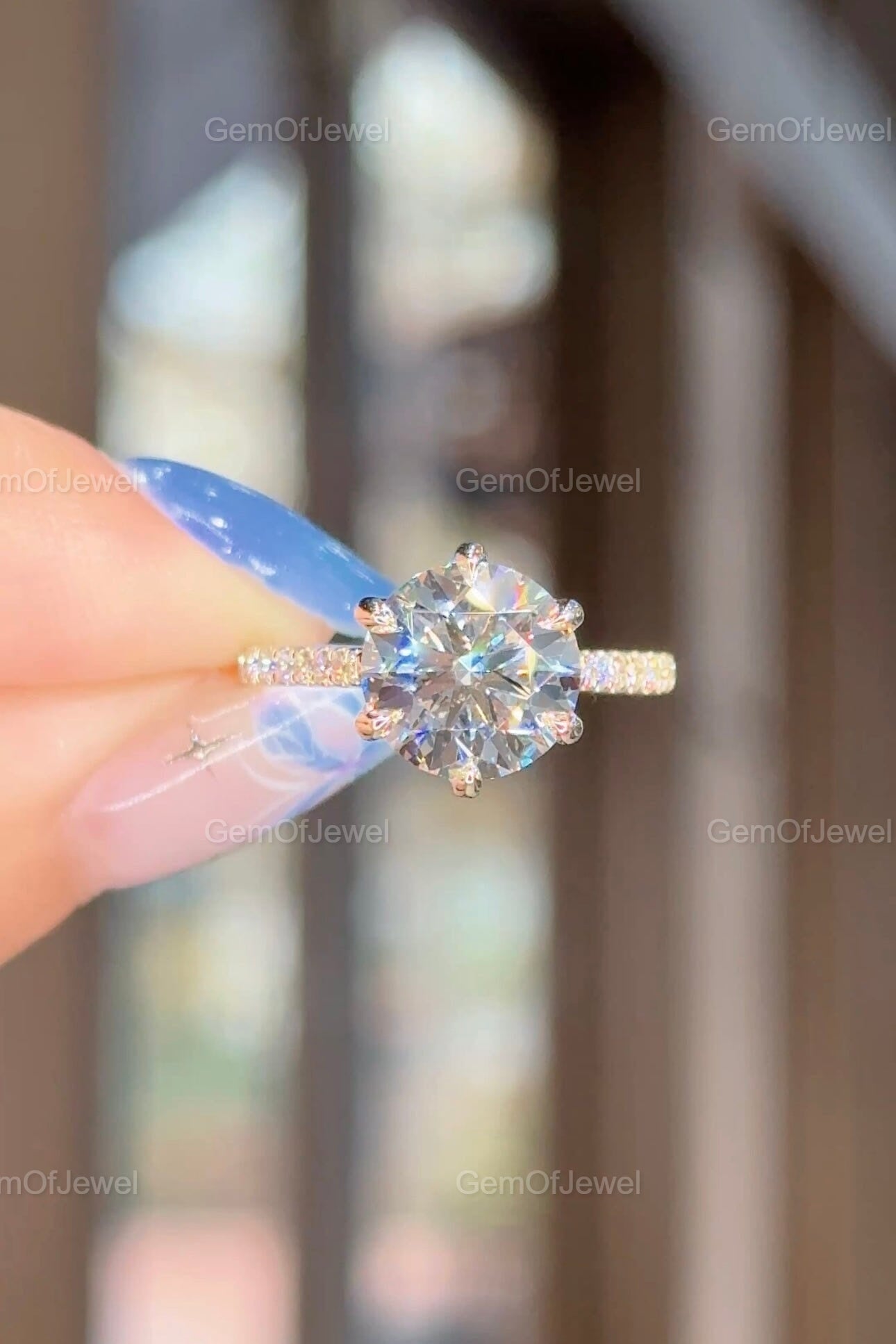 3CT Round Diamond Moissanite Engagement Ring, Petal Prong Of Moissanite Diamonds Ring, With Pave Eternity And Diamonds On The Bridge Ring