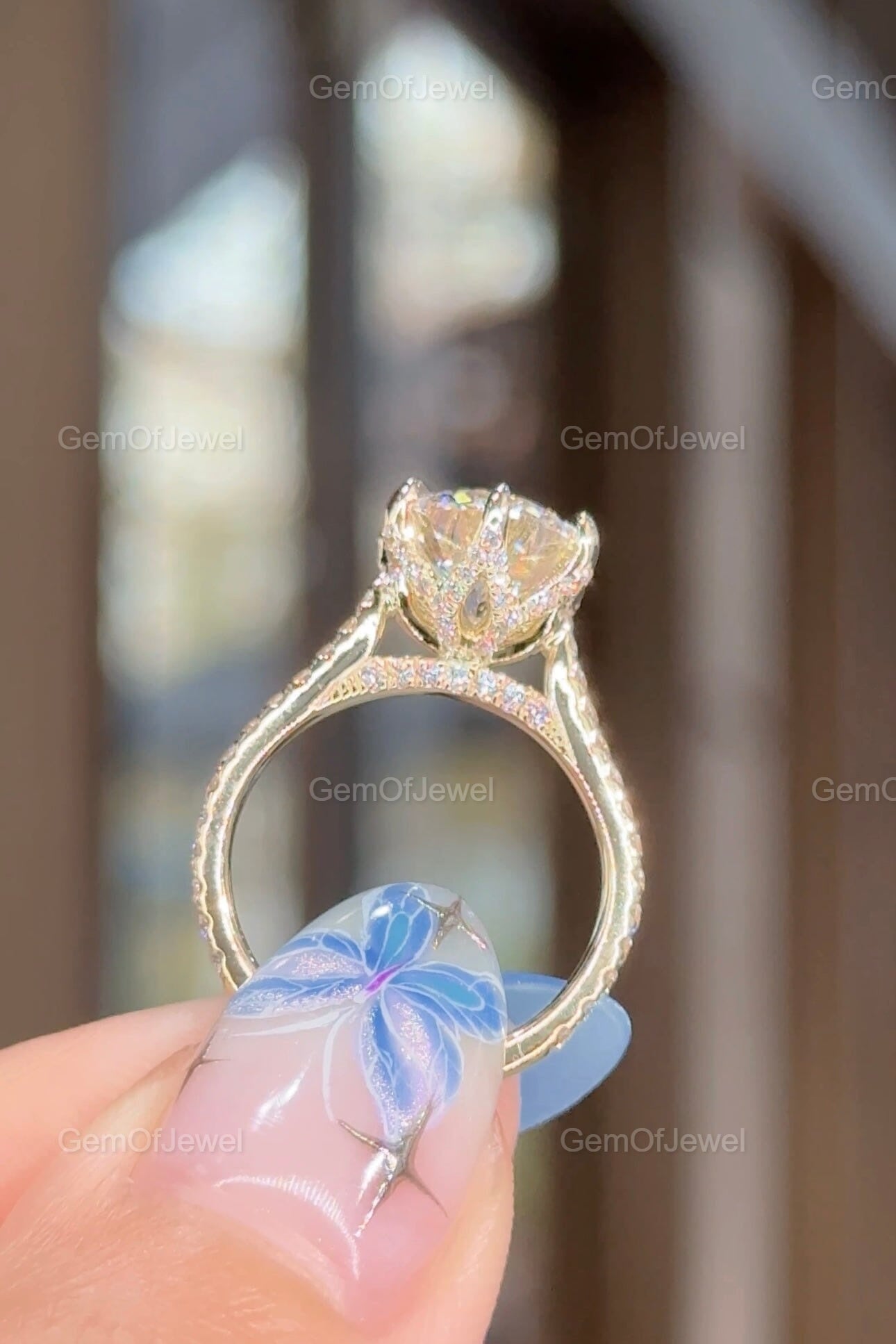 3CT Round Diamond Moissanite Engagement Ring, Petal Prong Of Moissanite Diamonds Ring, With Pave Eternity And Diamonds On The Bridge Ring