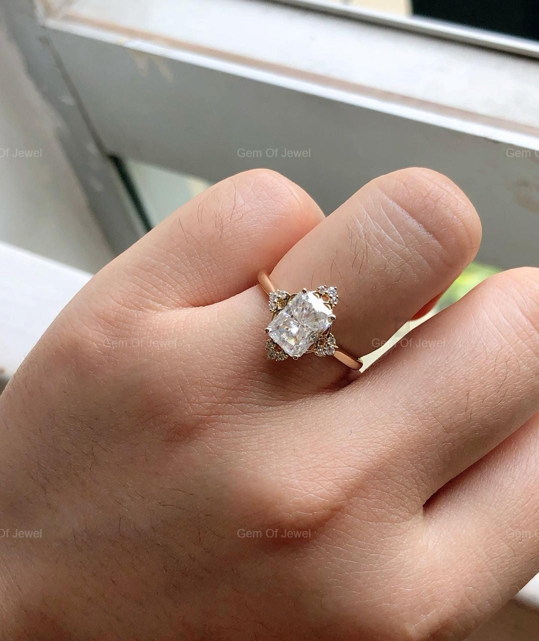 Radiant Cut Moissanite Diamond Ring With Unique Setting, Radiant Moissanite Diamond Ring With Round Moissanite Diamond Engagement Ring