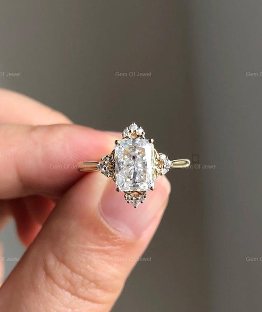 Radiant Cut Moissanite Diamond Ring With Unique Setting, Radiant Moissanite Diamond Ring With Round Moissanite Diamond Engagement Ring