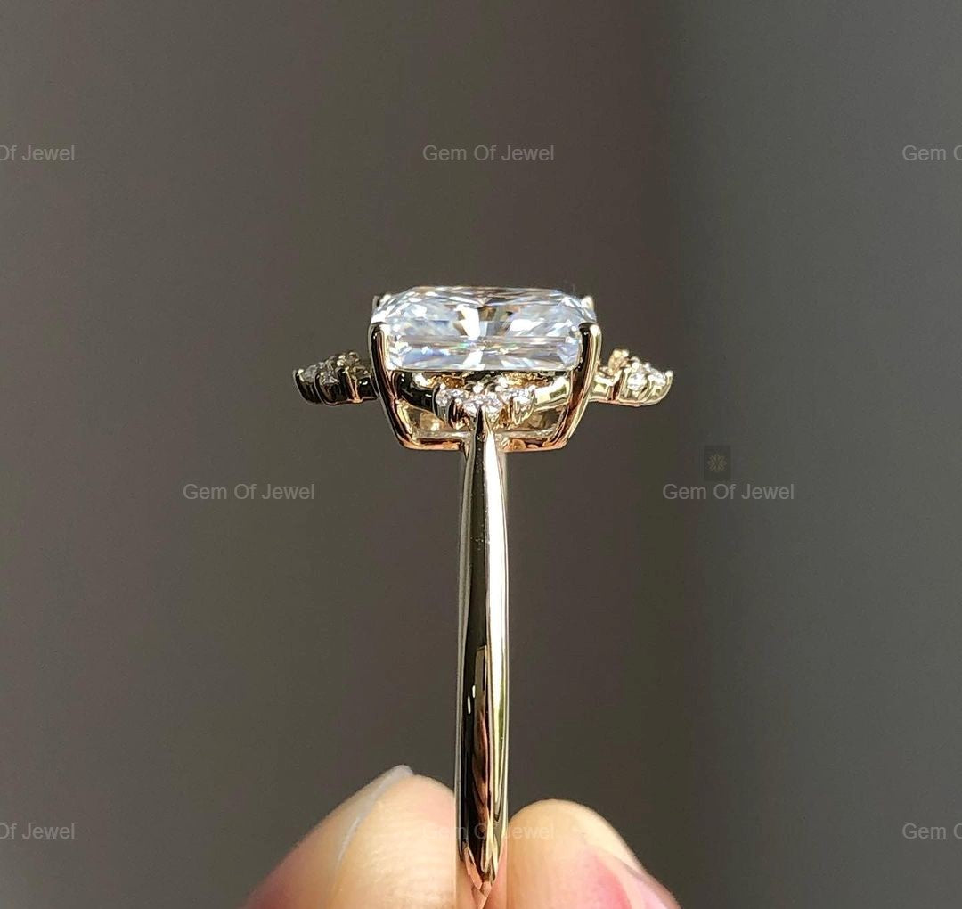Radiant Cut Moissanite Diamond Ring With Unique Setting, Radiant Moissanite Diamond Ring With Round Moissanite Diamond Engagement Ring