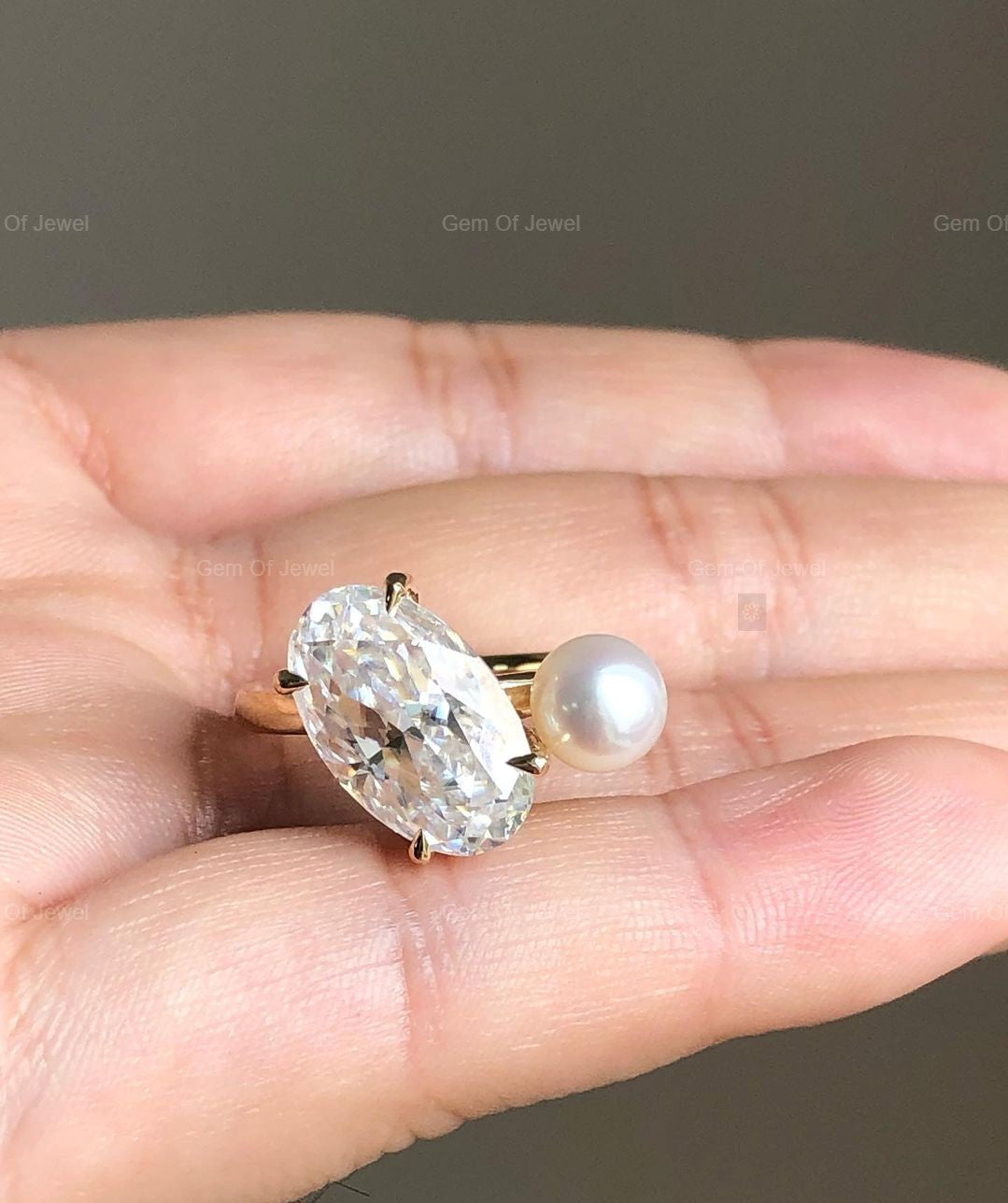Oval And Pearl Toe Et Moi Ring, Oval Moissanite Diamond Ring With Lab Pearl Two Stone Ring, Two Stone Diamond Ring, Oval Toi Et Moi Ring