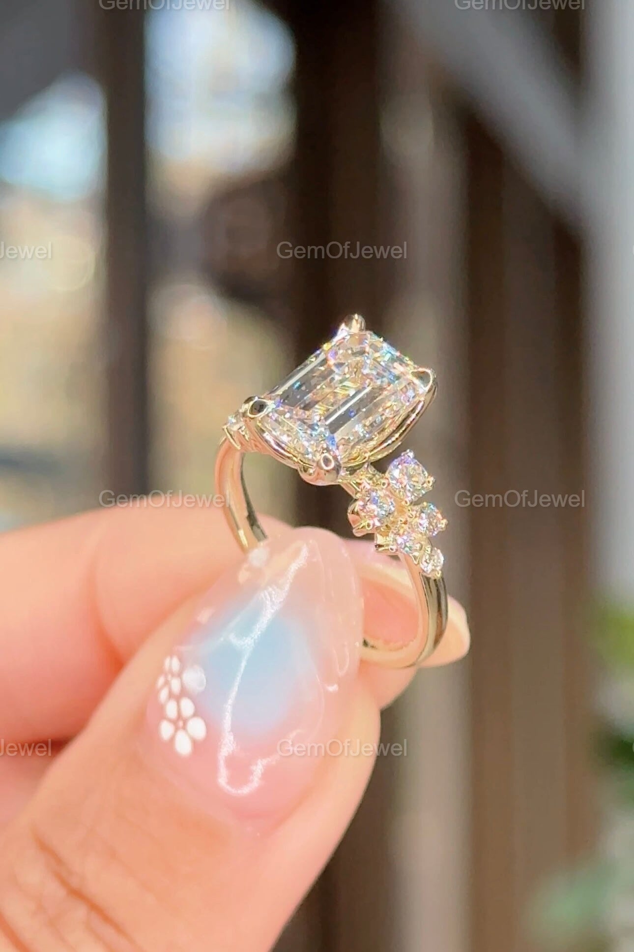 3CT Emerald Diamond Moissanite Ring With Side Round Moissanite Diamond, 3CT Diamond Ring For Her, Cluster Setting Ring, 3CT Emerald Ring