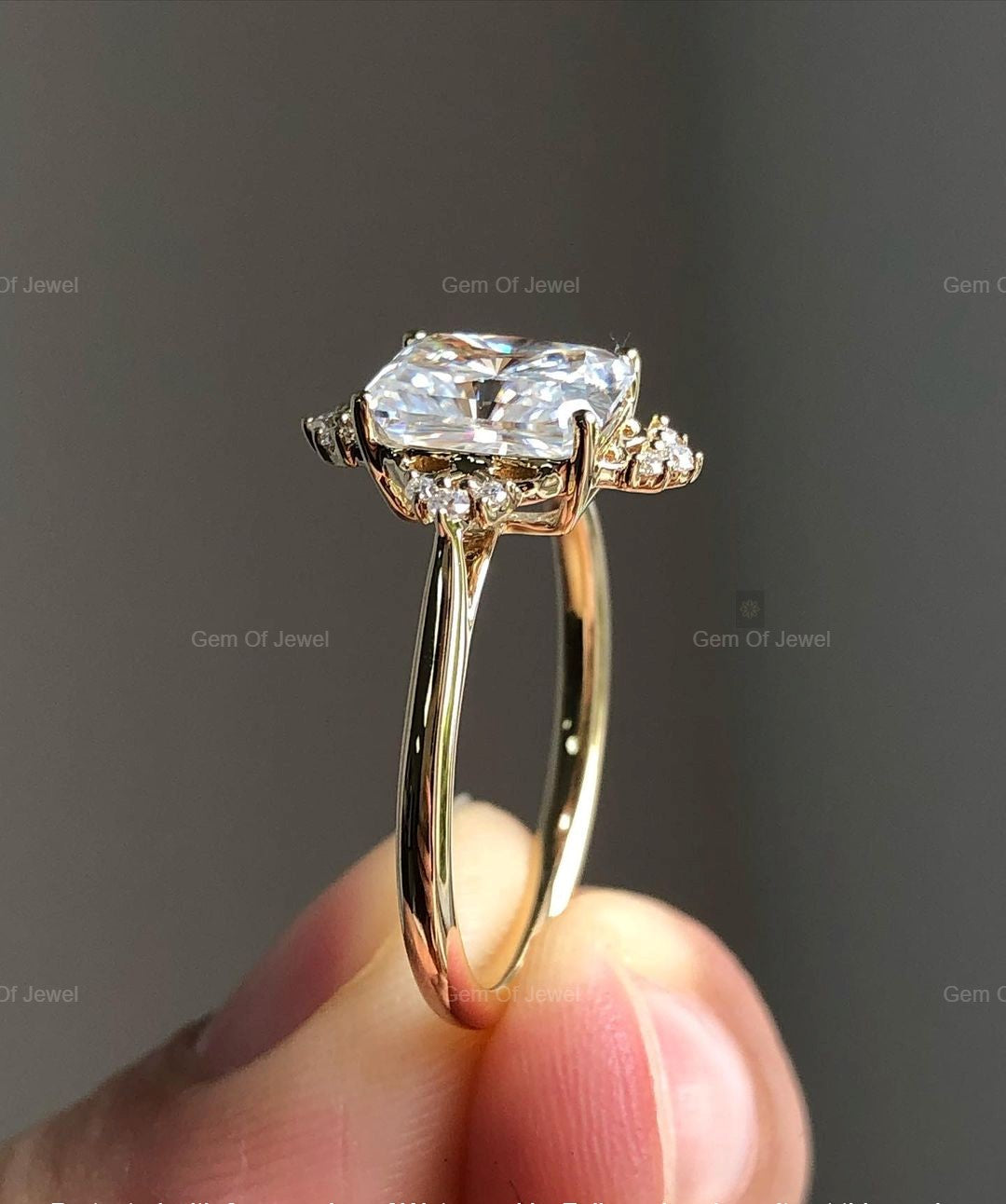 Radiant Cut Moissanite Diamond Ring With Unique Setting, Radiant Moissanite Diamond Ring With Round Moissanite Diamond Engagement Ring