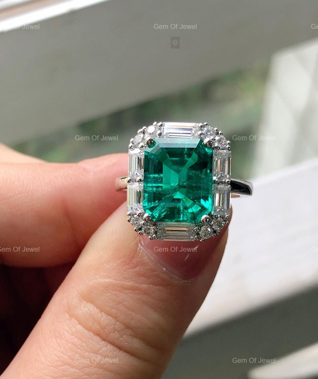 4CT Green Emerald Diamond Three Stone Ring Lab Emerlad with Side Moissanite Tapered Baguette Gold Ring, Green Emerald Diamond Ring For Her