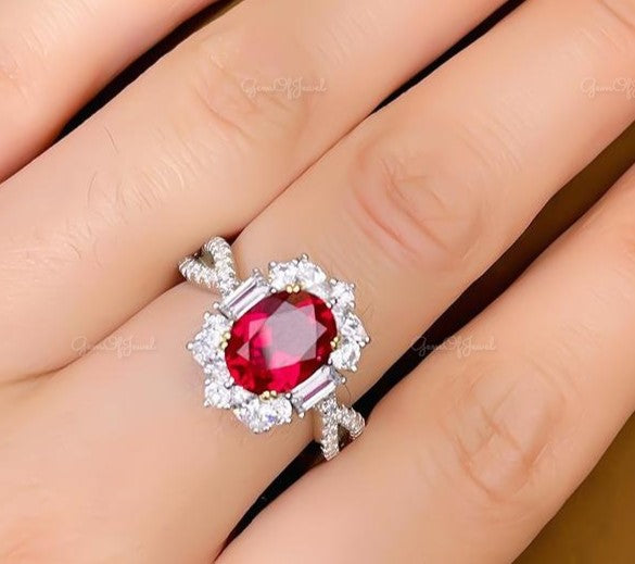 Ruby Stone Oval Cut Ring, Oval Shape Twist Shank Ruby Stone Engagement Ring For Her, Red Ruby Ring Diamond With Side Moissanite Diamond Ring