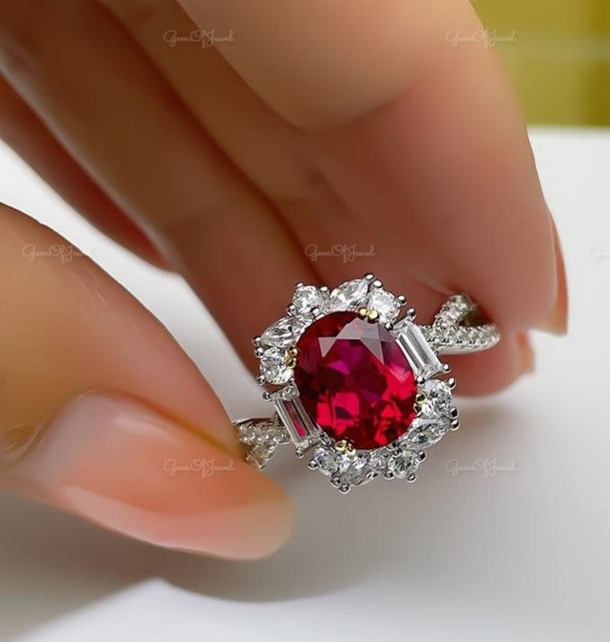 Ruby Stone Oval Cut Ring, Oval Shape Twist Shank Ruby Stone Engagement Ring For Her, Red Ruby Ring Diamond With Side Moissanite Diamond Ring