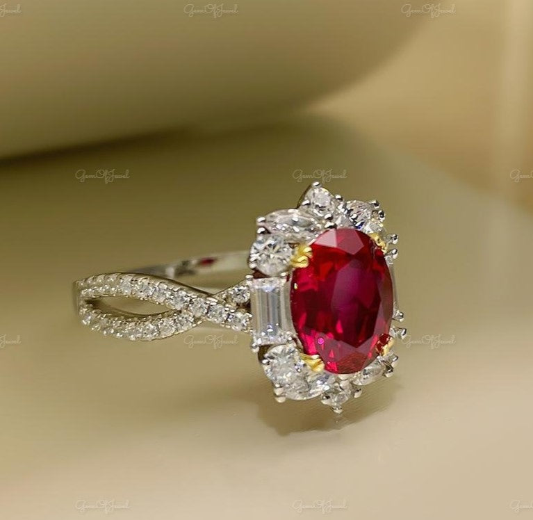 Ruby Stone Oval Cut Ring, Oval Shape Twist Shank Ruby Stone Engagement Ring For Her, Red Ruby Ring Diamond With Side Moissanite Diamond Ring