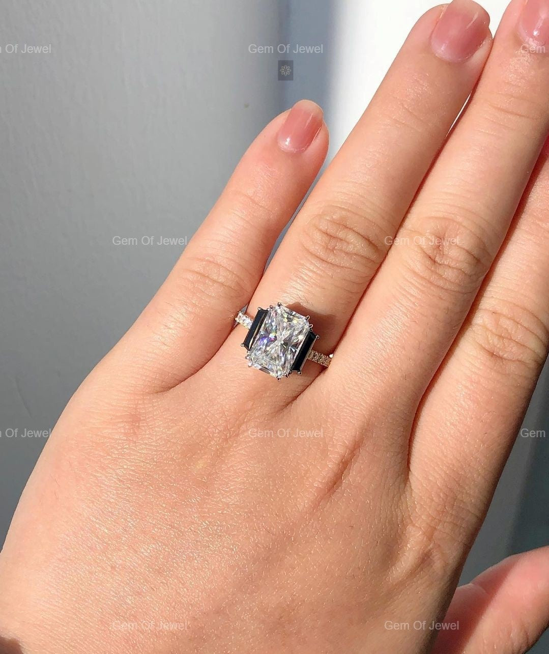 Radiant Cut Diamond Ring With Side Black Tapered Baguette Moissanite Two Tone Gold Diamond Ring, Radiant Diamond Ring, Radiant Cut Ring