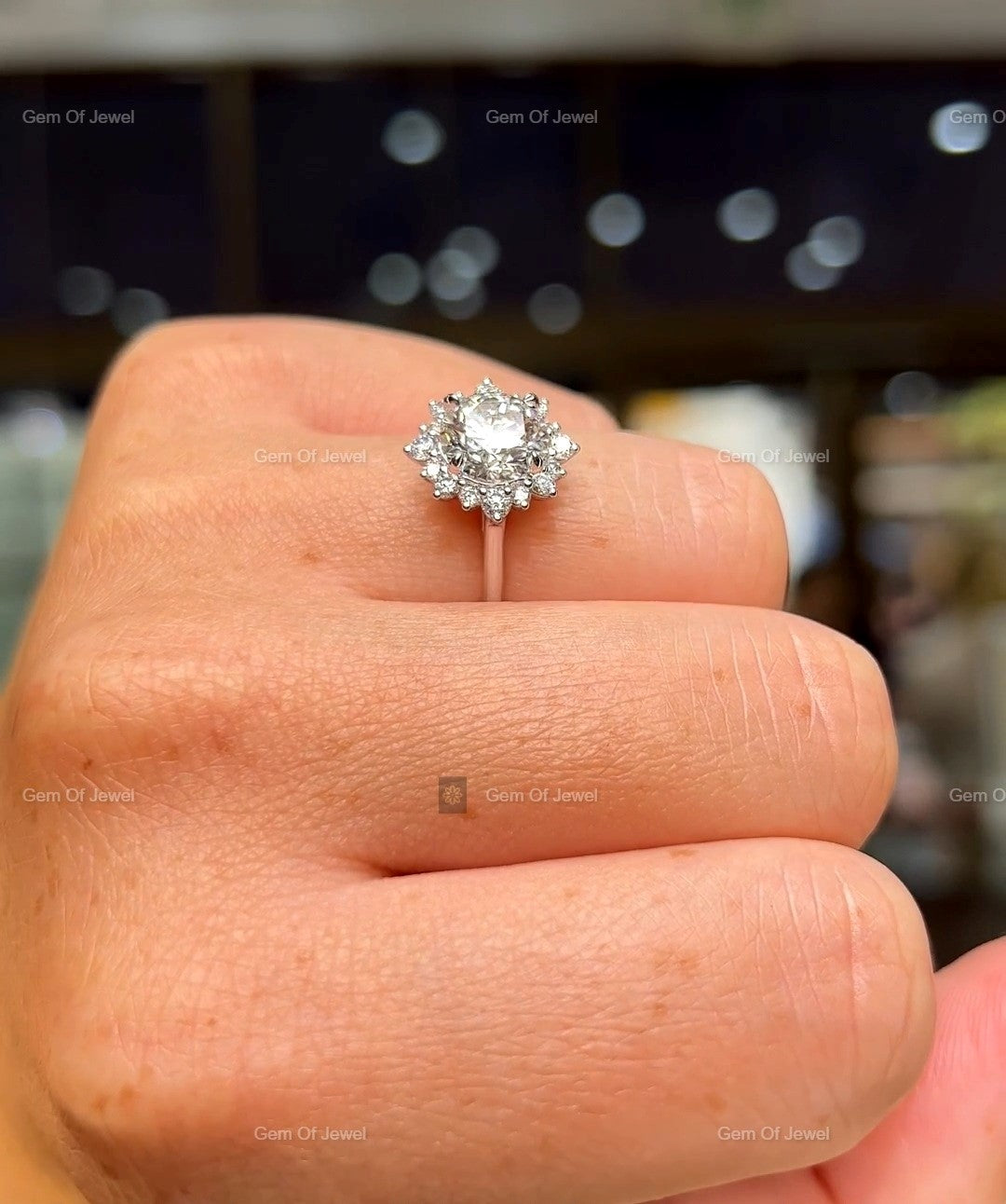 Round Moissanite Diamond 2CT Diamond With Flower Shape Halo of Round Moissanite Engagement Ring For Her ,Moissanite Ring For her, Round Ring