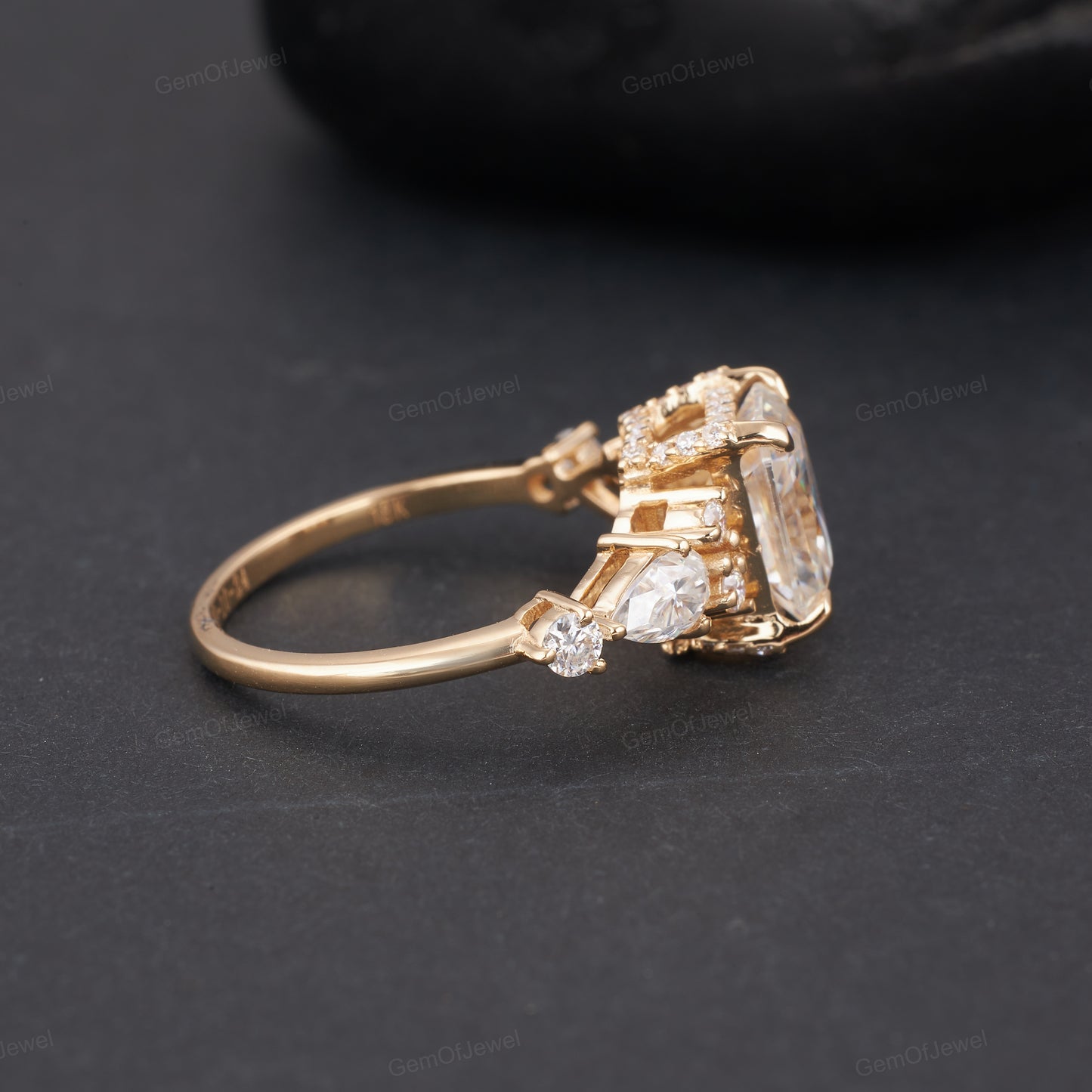 2.50 CT Radiant Cut Moissanite Ring, Pear And Round Cut Three Stone Engagement Ring, Antique Cut Moissanite, Wedding Ring, Unique Ring