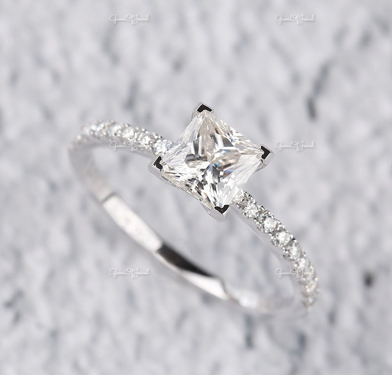 1 CT Princess Cut Moissanite Diamond Engagement Ring With Round Moissanite Eternity Band , Engagement Ring For Her, Princess Ring For her