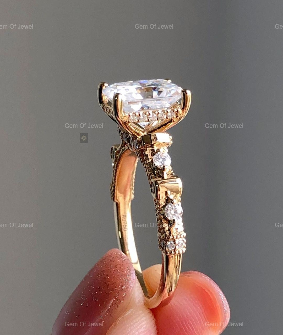 1CT Radiant Moissanite Diamond With Side Round Diamond Ring For Her, Radiant Cut Art Deco Ring, Radiant Diamond Moissanite Engagement Ring