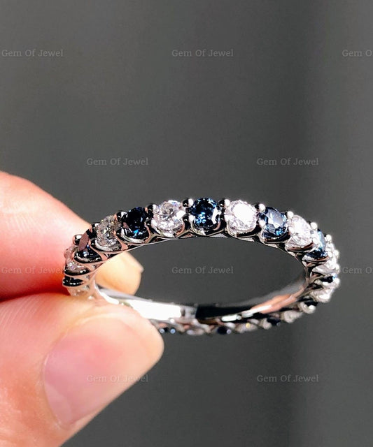 Round Diamond Full Eternity Bubble Band With Blue Sapphire Wedding Band, Blue Sapphire Diamond Band For Her, Moissanite Full Eternity Ring