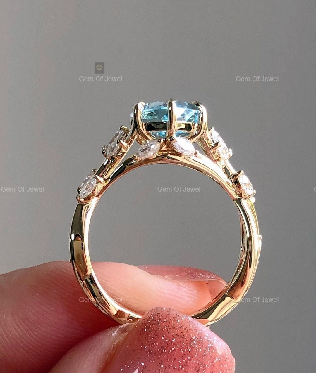 Rose Cut Marquise Diamond Ring ,Floral Leaf Ring With Side Marquise Moissanite Diamond Unique Fancy Ring For Her, Aquamarine Marquise Ring