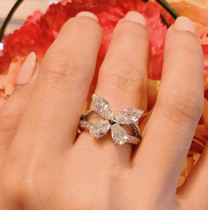 Marquise Moissanite Diamond And Pear Moissanite Diamond Butterfly Shape Engagement Ring, Butterfly Shape Diamond Ring With
