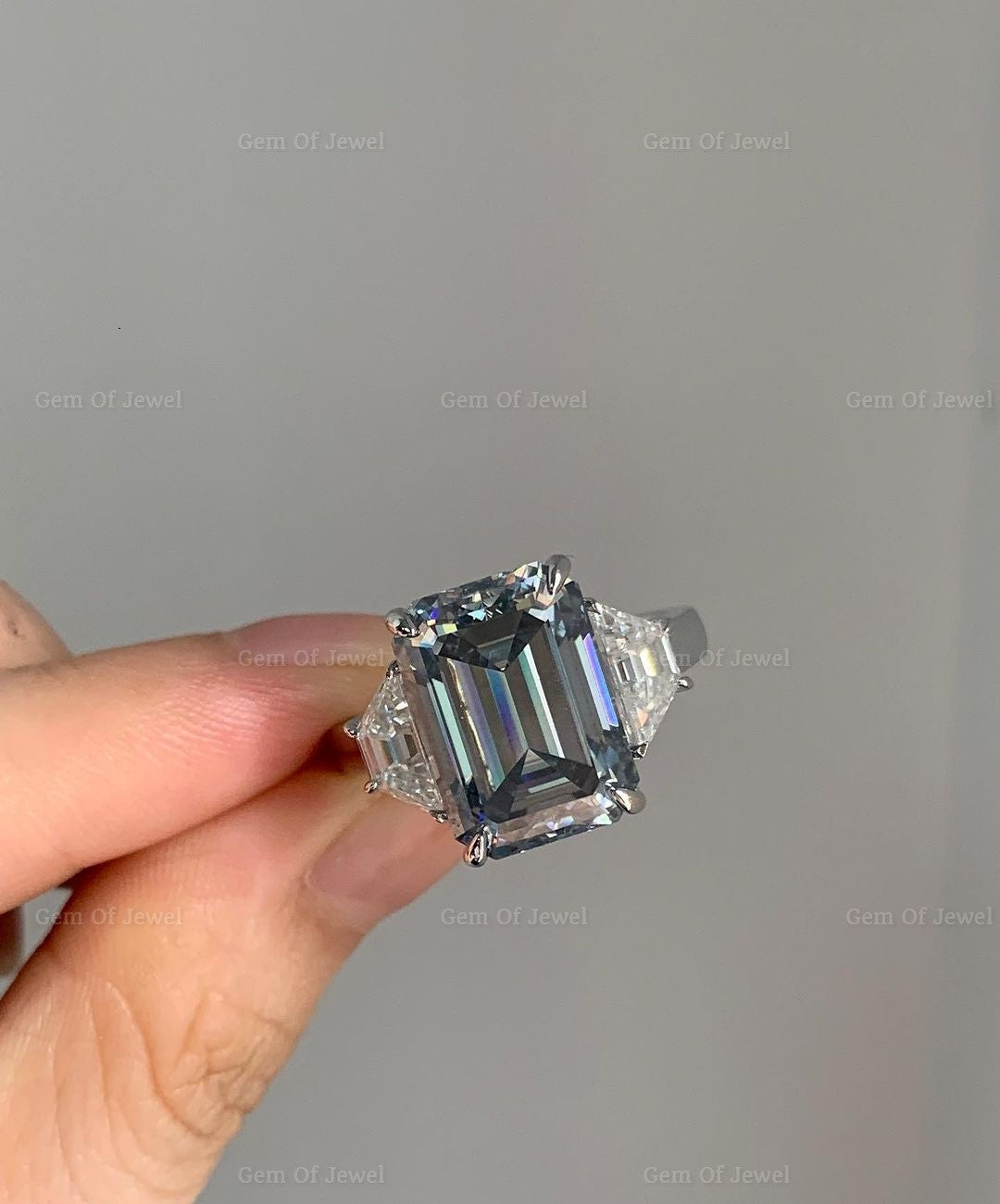 Grey Emerald Moissanite Diamond With Side Trapezoid Three Stone Moissanite Engagement Ring, Gray Moissanite Diamond Ring, Grey 3 Stone Ring