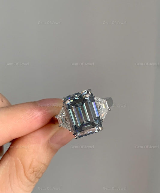 Grey Emerald Moissanite Diamond With Side Trapezoid Three Stone Moissanite Engagement Ring, Gray Moissanite Diamond Ring, Grey 3 Stone Ring