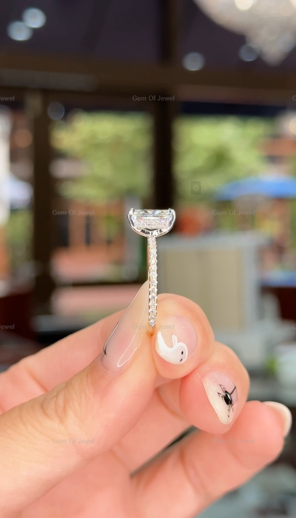 Two Tone Gold Radiant Cut Diamond Ring With Halo Of Round Moissanite Diamond And Pave Diamonds, Solid Gold Ring, Radiant Cut Diamond Ring
