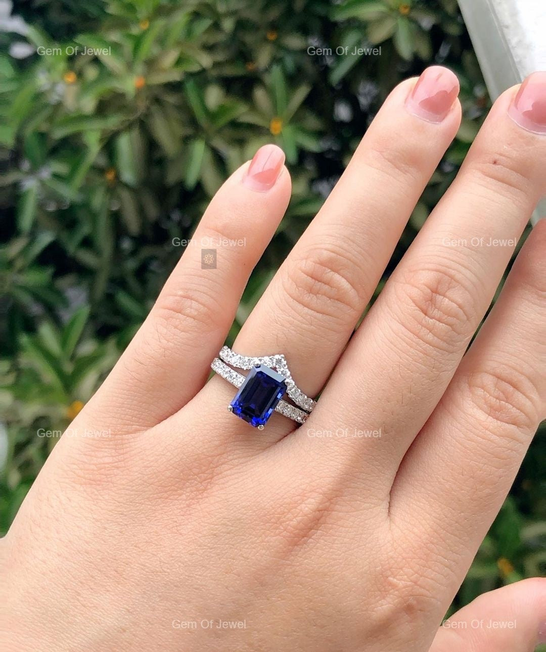 Blue Sapphire Emerald Diamond Ring with Side Round Moissanite Diamond Ring, Dark Blue Sapphire Emerald Diamond Ring Gift For Her