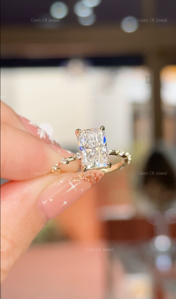 2.5CT Radiant Moissanite Diamond Ring With Round Moissanite Diamond Band Solid Gold Ring, Radiant Moissanite Diamond Engagement Ring For Her