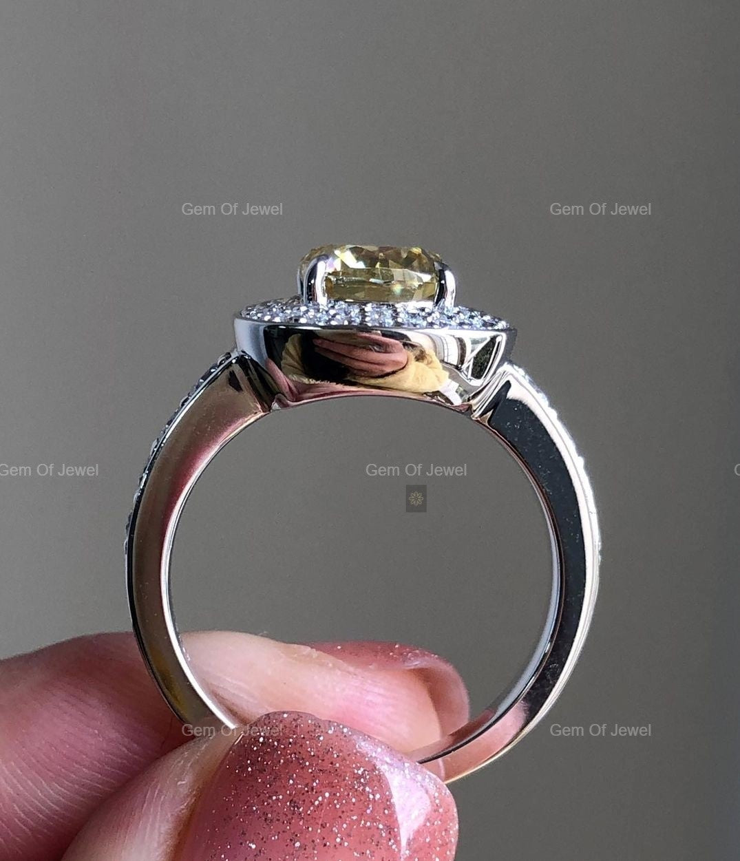 Yellow Moissanite Elongated Cushion Moissanite Diamond Ring With Pave Of Round Moissanite Diamond Engagement Ring, Yellow Moissanite Ring