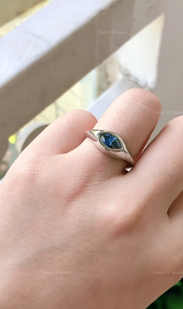 Marquise Diamond Solitaire Ring With Lab Diamond Blue Sapphire Ring, East West Set Marquise Lab Diamond Solitaire Unique Statement Ring