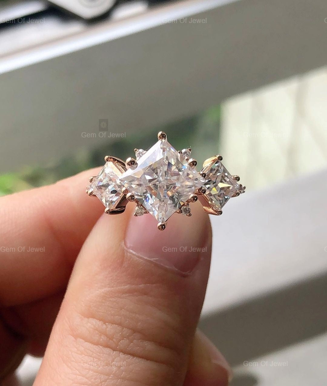 Princess Cut Moissanite Diamond Three Stone Diamond Engagement Ring, Princess Moissanite Diamond Engagement Ring For Her, Princess Cut Ring