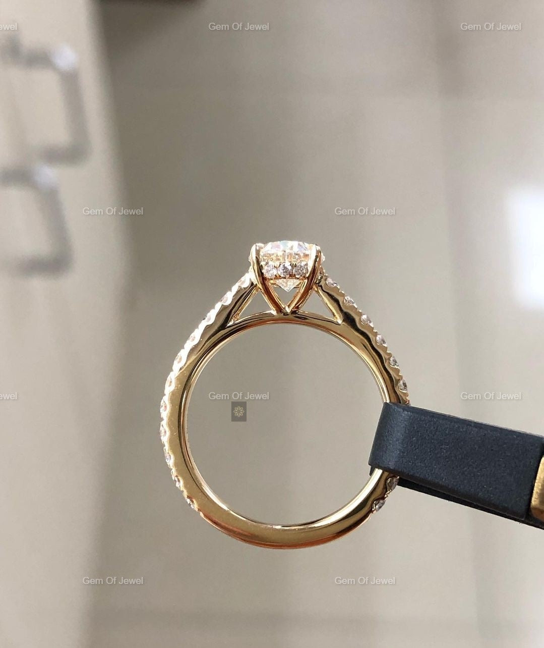 Oval 1CT Moissanite Diamond Hidden Halo Ring With Thick Band Of Pave Eternity, 1CT Oval Solid Gold Oval Moissanite Diamond Ring Gift For Her