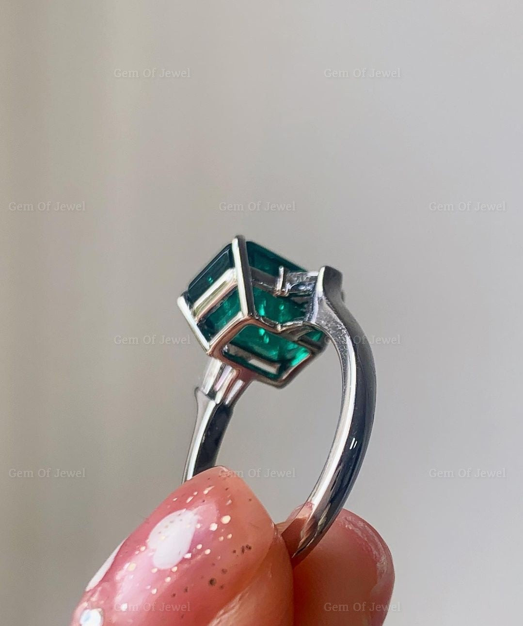 Green Emerald Diamond Three Stone Engagement Ring with Side Tapered Baguette Diamond Ring, Green Lab Diamond Emerald Three Stone Ring Gift