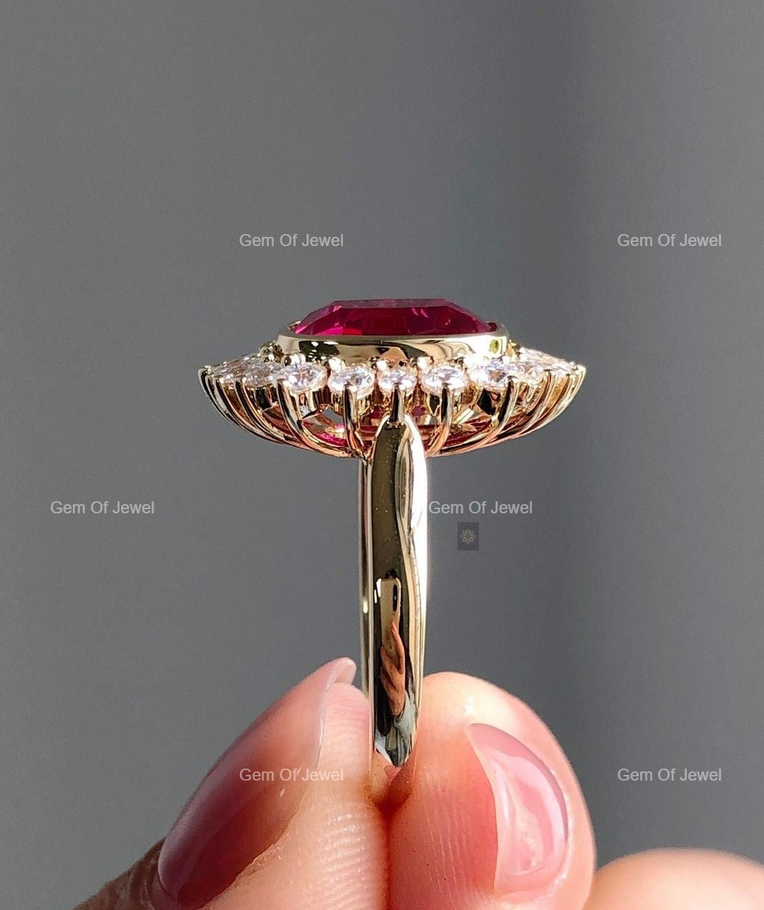 Ruby Stone Cushion Shape Ring, Ruby Stone Statement Ring For Her, Red Ruby Stone Cushion Diamond With Side Round Moissanite Diamond Ring