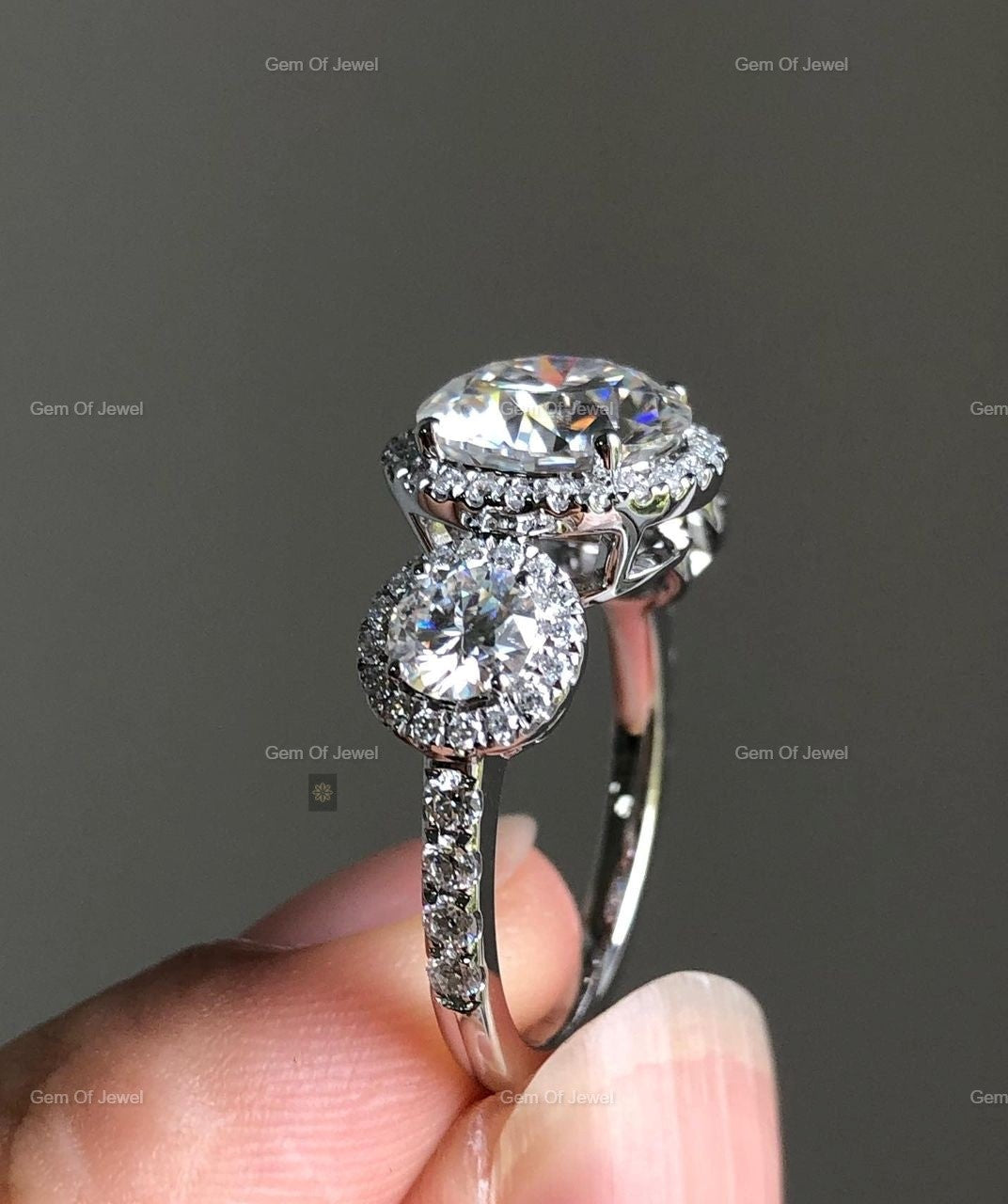 2CT Round Moissanite Diamond Ring Three Stone Ring With Halo And Pave Eternity Diamond On Band Ring, Round Moissanite Diamond Ring For Her