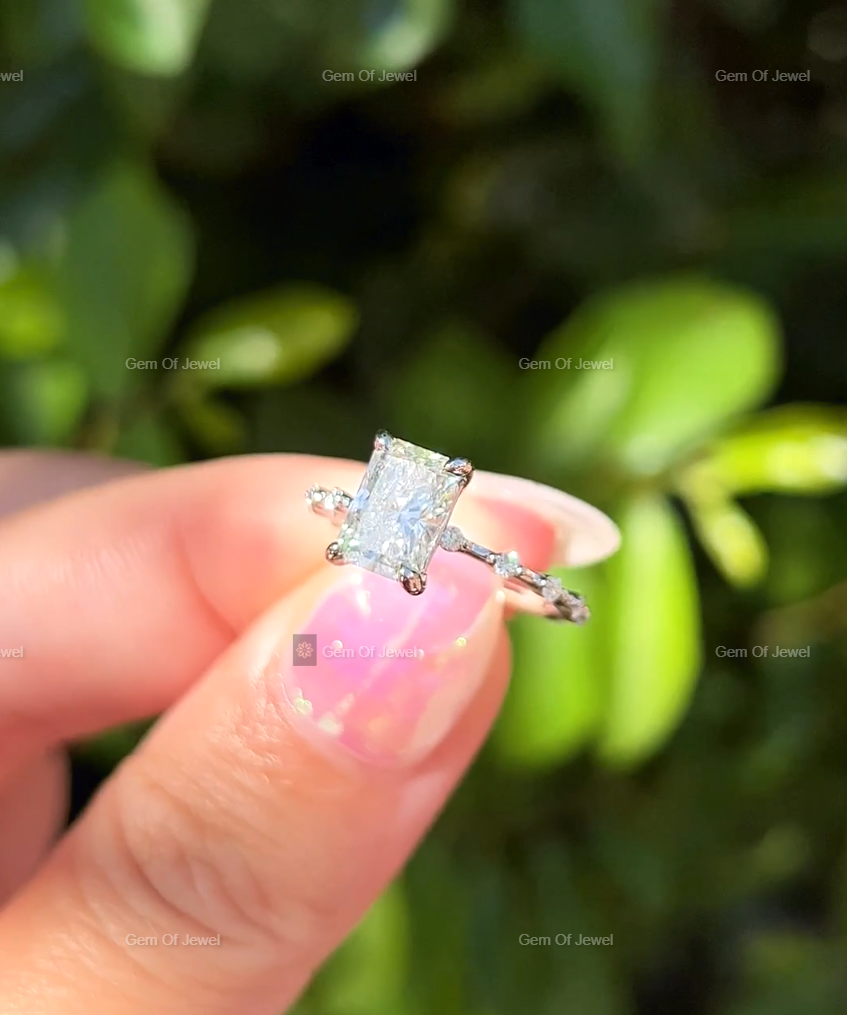 Radiant Moissanite Diamond Ring With Spaced Round Moissanite Diamond Band Solid Gold Ring, Radiant Moissanite Diamond Ring Gift For Her
