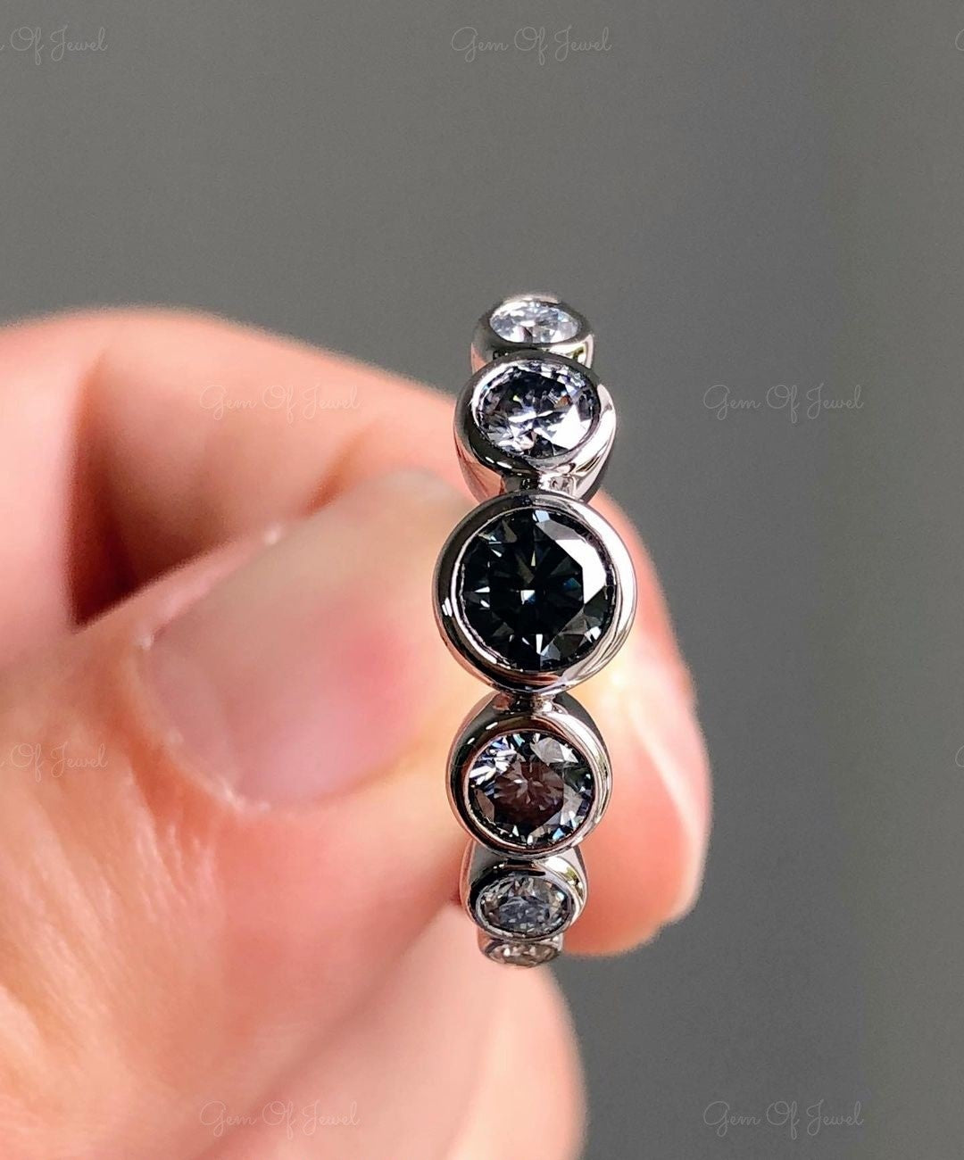 Round Cut Gray Moissanite Diamond Bezel Ring, Gray Diamond Round Cut Ring, Gray Diamond Ring, Grey Moissanite Diamond Band, Gray Moissanite