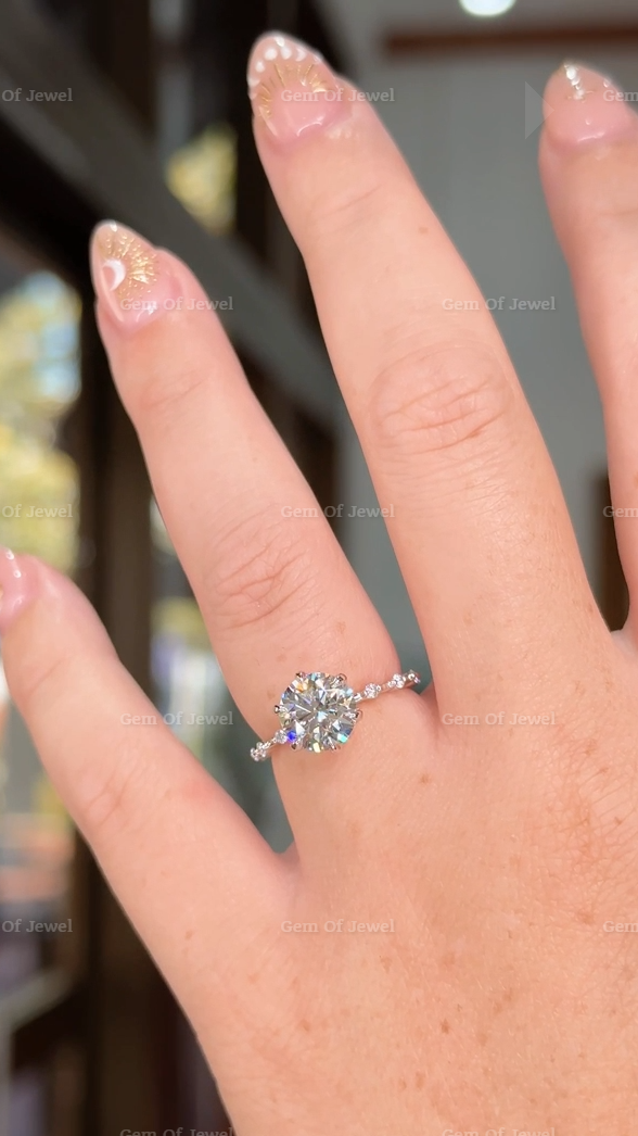2CT Lotus Prong Round Moissanite Diamond Ring With Floating Bubble Band With Six Prong Lotus Petal Prongs, 2CT Round Moissanite Diamond Ring