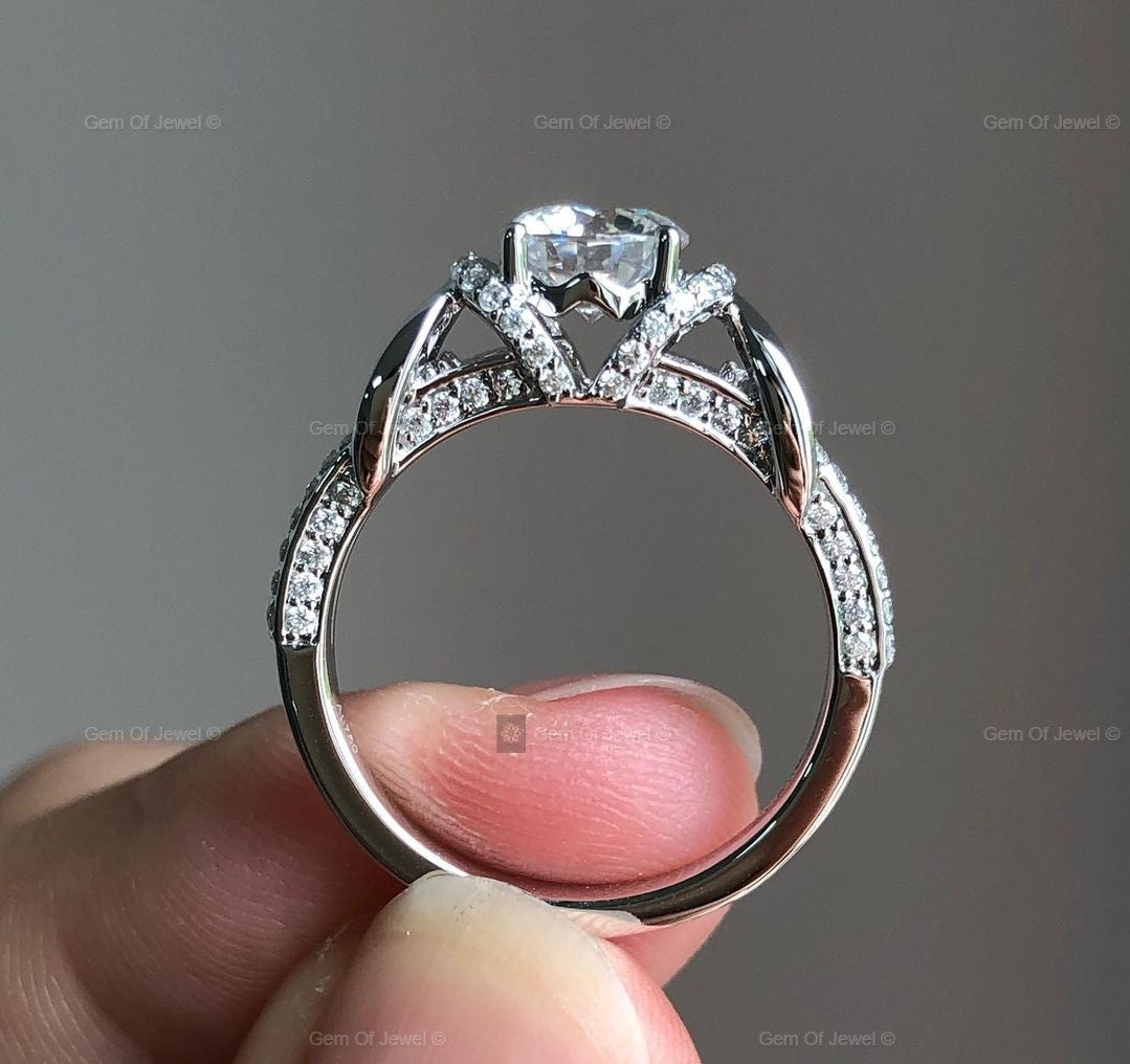 1CT Round Moissanite Diamond Infinity Inspired Unique Setting Wedding Ring With Pave Diamond For Her, Moissanite Round Diamond Ring For Her