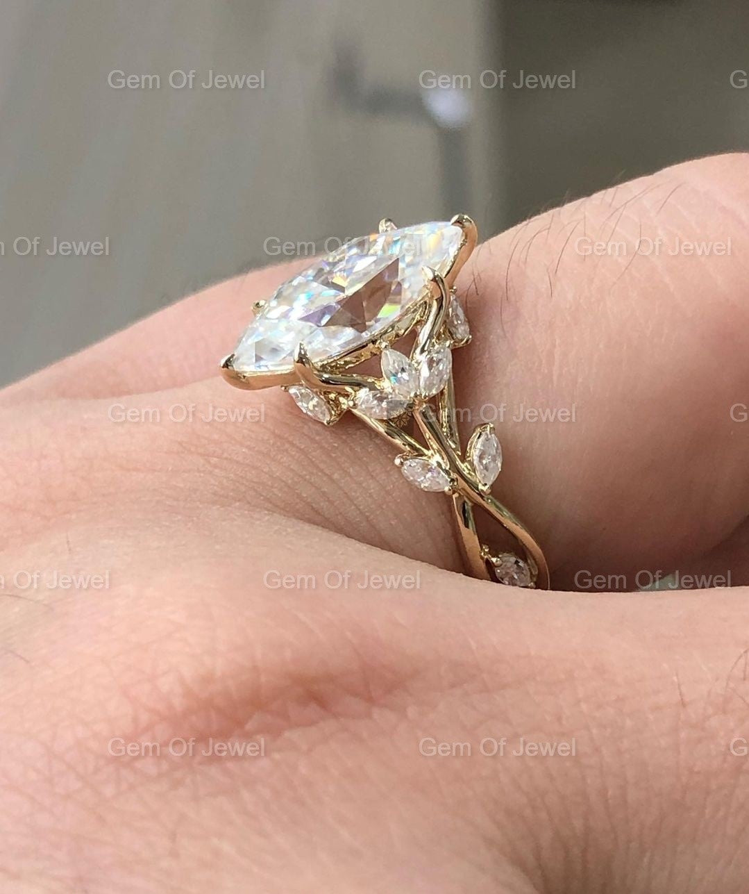 Marquise Moissanite Diamond Ring, Floral Leaf Ring With Side Marquise Moissanite Diamond Unique Fancy Ring For Her, Marquise Diamond Ring