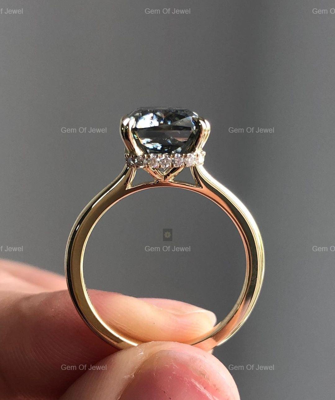 Criss Cut MoissaniteDark Gray Moissanite Diamond Halo Ring, Gray Diamond Criss Cut Ring With Halo And Double Claw Prong, Gray Diamond Ring